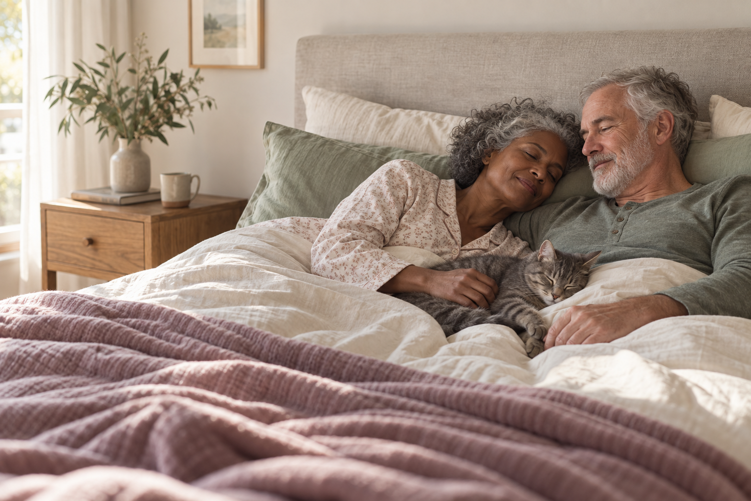 An older couple resting in bed with their gray tabby cat sleeping between them