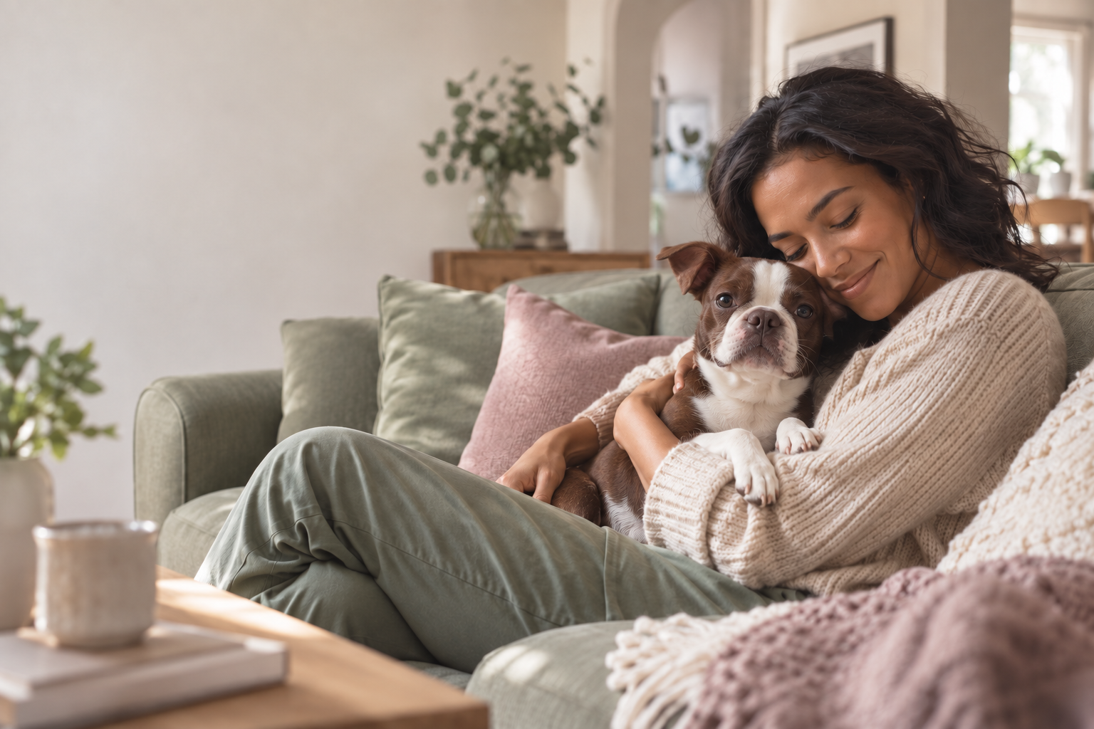 A woman relaxing at home while holding her brown-and-white Boston terrier