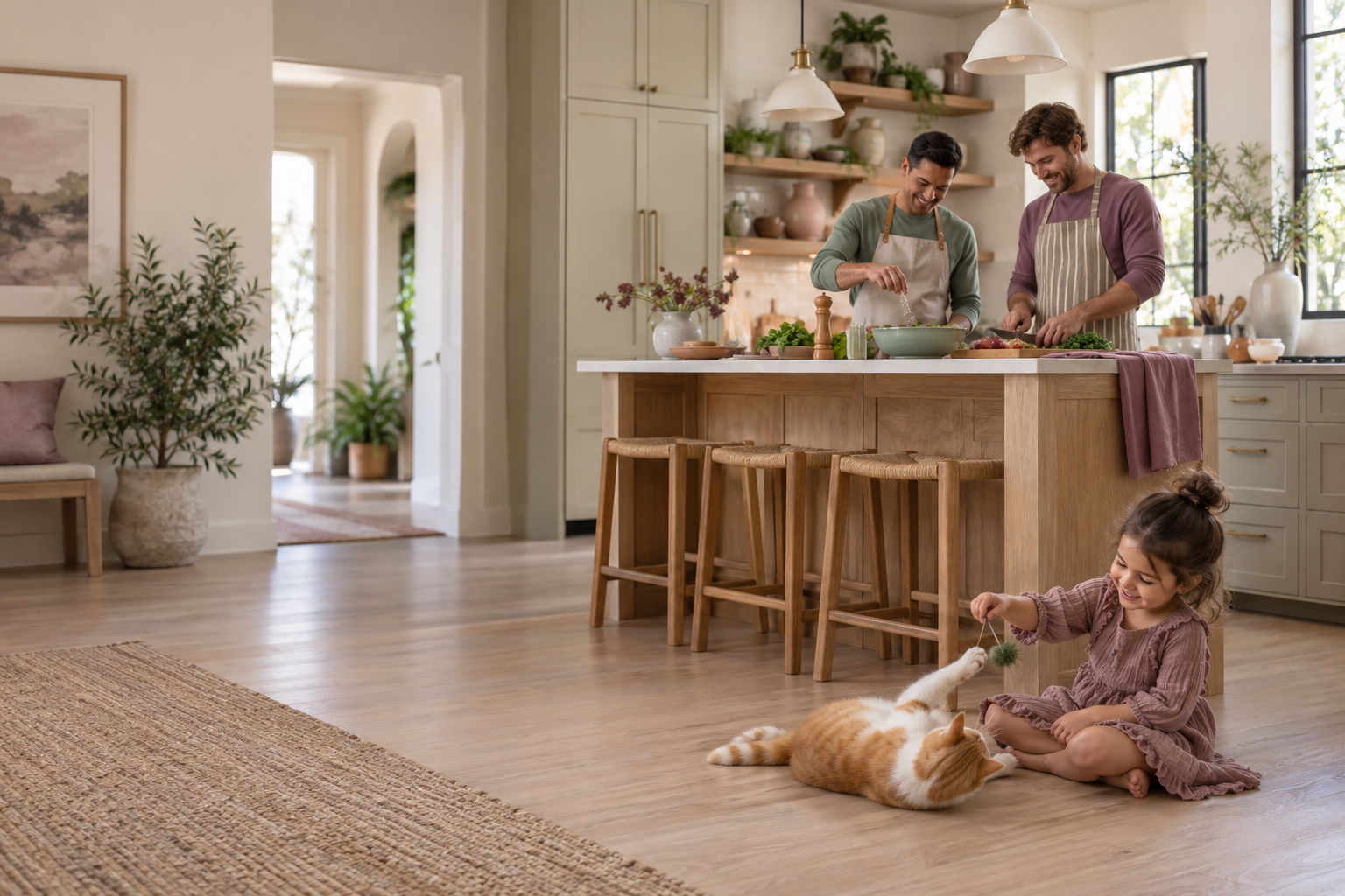 Two fathers cooking while their daughter plays with an orange-and-white cat on the kitchen floor