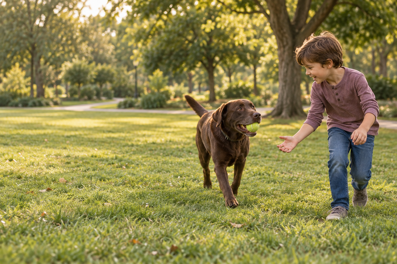 A young boy playing fetch with a chocolate Labrador in a sunny park